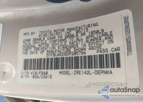 2013 Toyota Corolla Le z USA, uszkodzony, nr VIN 5YFBU4EE6DP205794